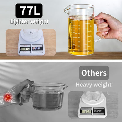 77L 3 Pack Glass Measuring Cup Set (1 1/4, 2 & 4 Cup) [Insulated handle, V-Shaped Spout], High Borosilicate Liquid Glass Measure Cup for Kitchen, Easy To Read, Dishwasher, Freezer, and Microwave Safe