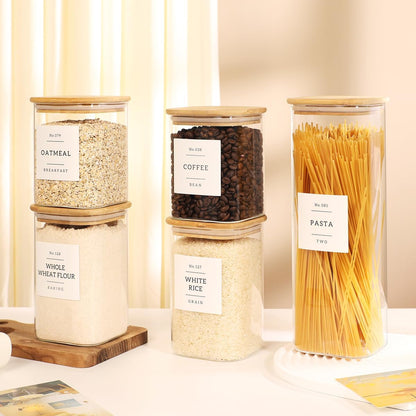 2 Pack large Square Glass Flour and Sugar Containers with 132 Kitchen Pantry Labels - 149 floz & 71 floz - Glass Jars with Airtight Bamboo Lid - Glass Rice Canisters for Coffee, Pasta, Cookie, Cereal