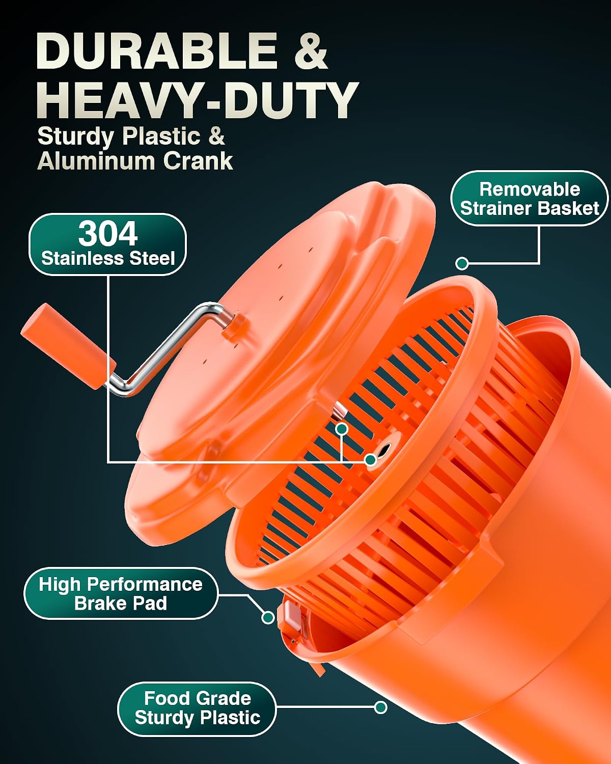 WantJoin Commercial Salad Spinner - 6 Gallon Salad Dryer w/Silicone Draining Hose, Orange, 24Qt Manual Salad Spinner for up to 7 Heads of Lettuce Spinner Large for Catering