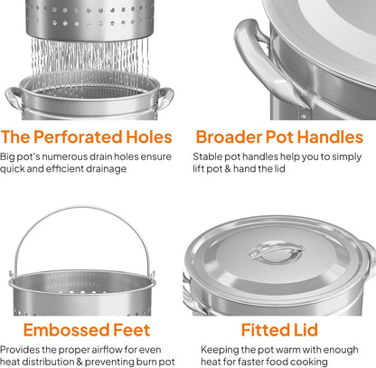 Bonnlo 30QT Aluminum Stock Pot for Boiling Seafood, Crawfish & Crab, Frying Turkey & Steaming Tamales, Large Boil Pot with Strainer Basket, Lid, Lifting Hook & Steamer Rack for Outdoor Cooking