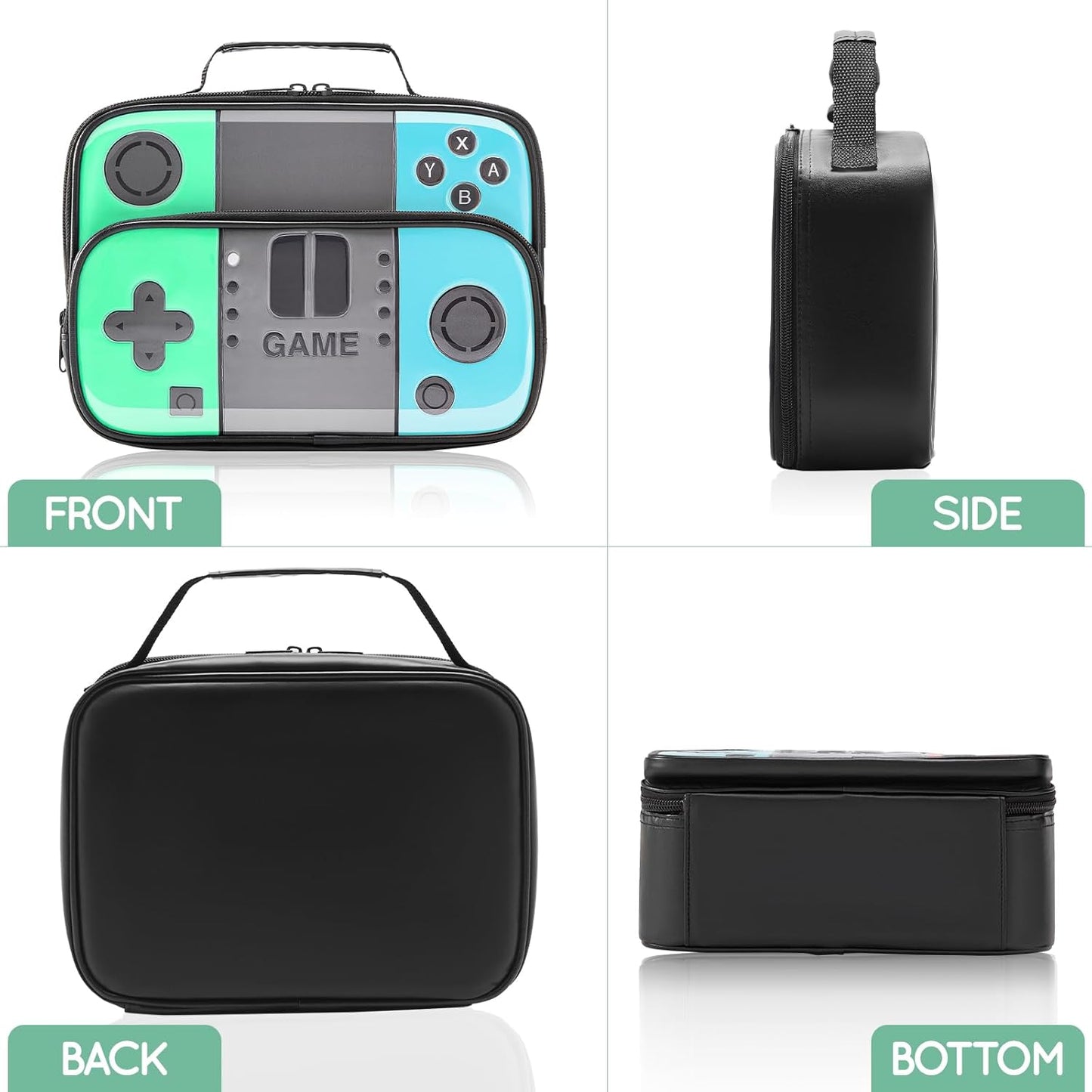 Kids Gamer Lunch Box for Boys, Game Console Insulated Lunch Bag, PU Leather Waterproof Lunchbox with Mesh Pocket, Durable Leakproof Lunch Tote Fits Bento Box for School