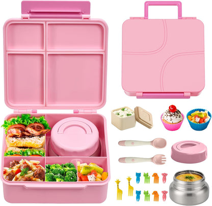 JSLOVE Bento Lunch Box with Leak Proof Thermos Food Jar for Kids, Food Lunch Containers for Boys with 4 Compartments, BPA-Free with Utensils, Food Picks, Sauce Jar & Silicone Lunch Box Dividers