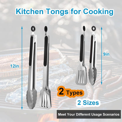 Kitchen Tongs for Cooking, Stainless Steel Salad Tongs for Serving Food Grilling with Locking Ring, Set of 4-9 inch and 12 inch