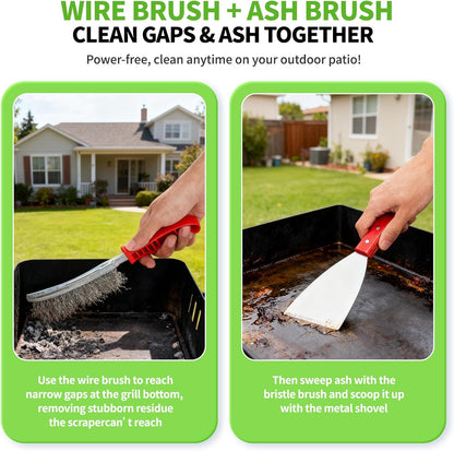 Grill Ash Cleaning Pellet 4-Piece Kit（Metal Material Durability） Includes Wire Brush，Ash Shovel，Bristle Brush，Angled Shovel，Effortlessly Removes Stubborn Grime & Collects Ash Debris