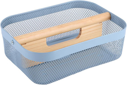 AJIODA Metal Mesh Steel Storage Basket, Garden Harvest Wire Organizer Basket Multi-functional Kitchen Fruit Basket with Wooden Removable Partition & Handle for Bathroom Picnic Decor Cabinet, Grey