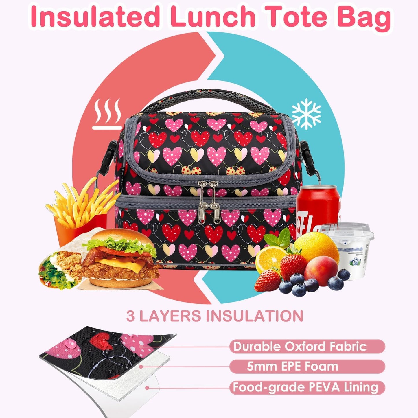 FlowFly Kids Double Decker Cooler Insulated Lunch Bag Large Tote for Boys, Girls, Men, Women, With Adjustable Strap, Unicorn