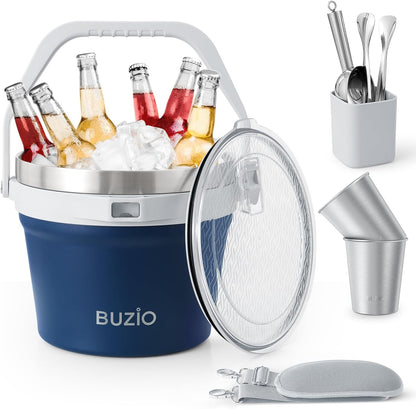 BUZIO 7.4 Qt/7 L Insulated Ice Bucket with Lid, Scoop, Tongs & Metal Cups, Double Wall Vacuum Stainless Steel Beer Bucket, Holds 6 Longnecks/3 Wine Bottles, for Parties Bar, Black