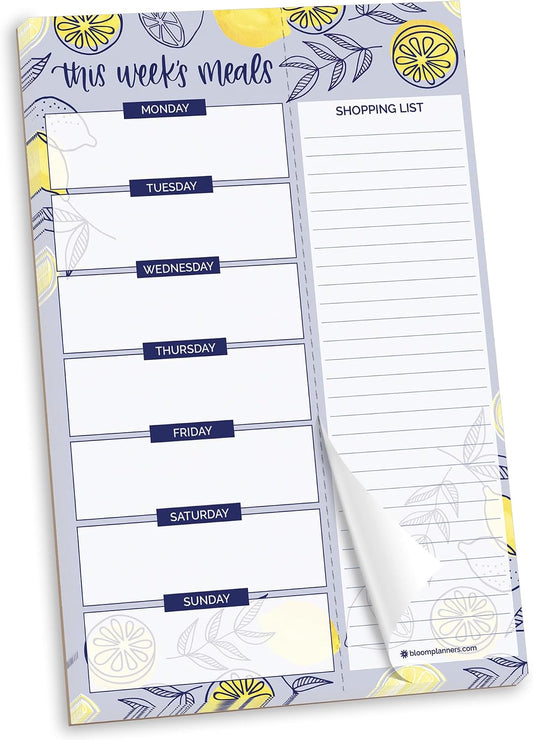 bloom daily planners Weekly Meal Planning Pad - Magnetic Hanging Refrigerator Menu Planner with Tear-Off Sheets & Perforated Grocery Shopping Lists - 6” x 9” (Grey & Pink)