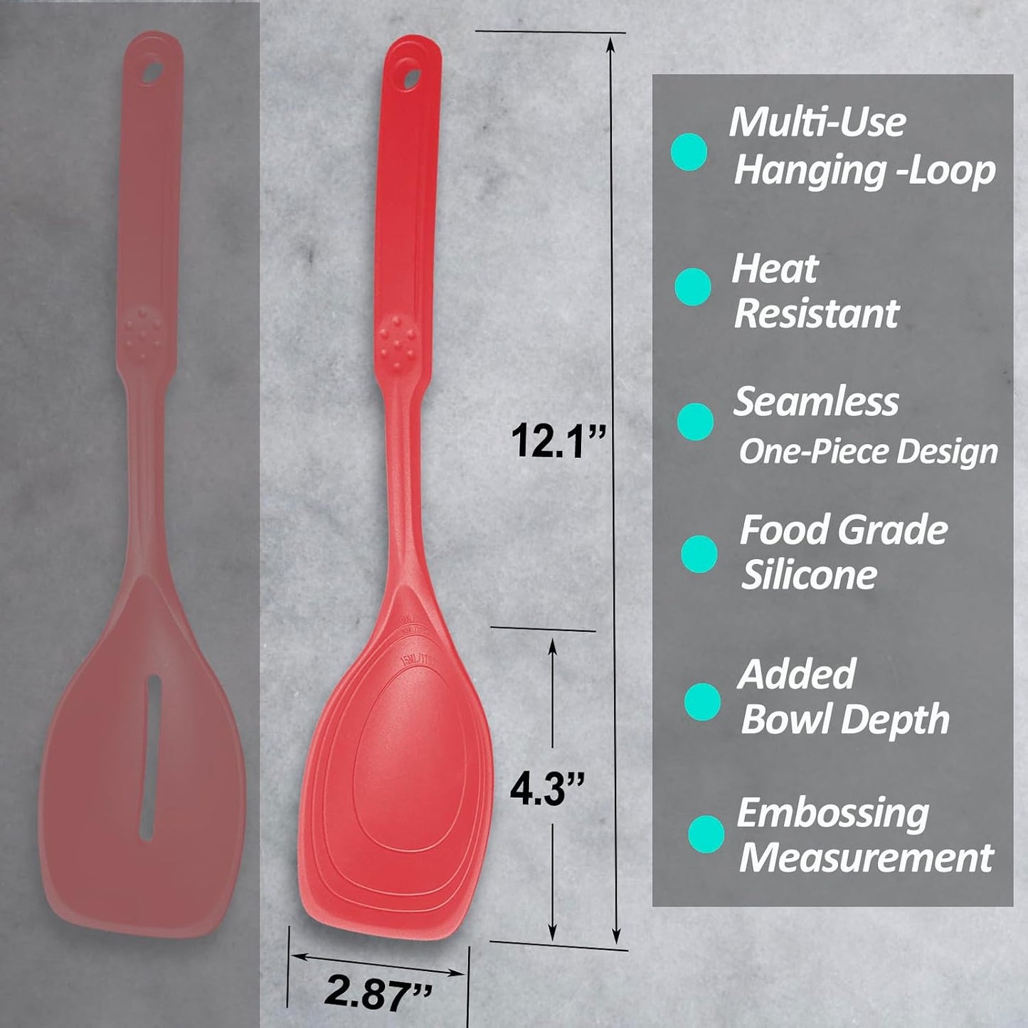 Large Silicone Cooking Spoon, Non-Stick Solid Spoon set with Deep Bolw and Measurement Mark for Mixing, Serving, Draining, Scooping, Scraping, Heat Resistant Kitchen Utensils, Black