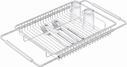 Expandable Over The Sink Dish Drainer Drying Rack, Stainless Steel Metal, Small Adjustable Dish Drainer Drying Rack for Kitchen Counter, Space Saving for Compact Kitchen