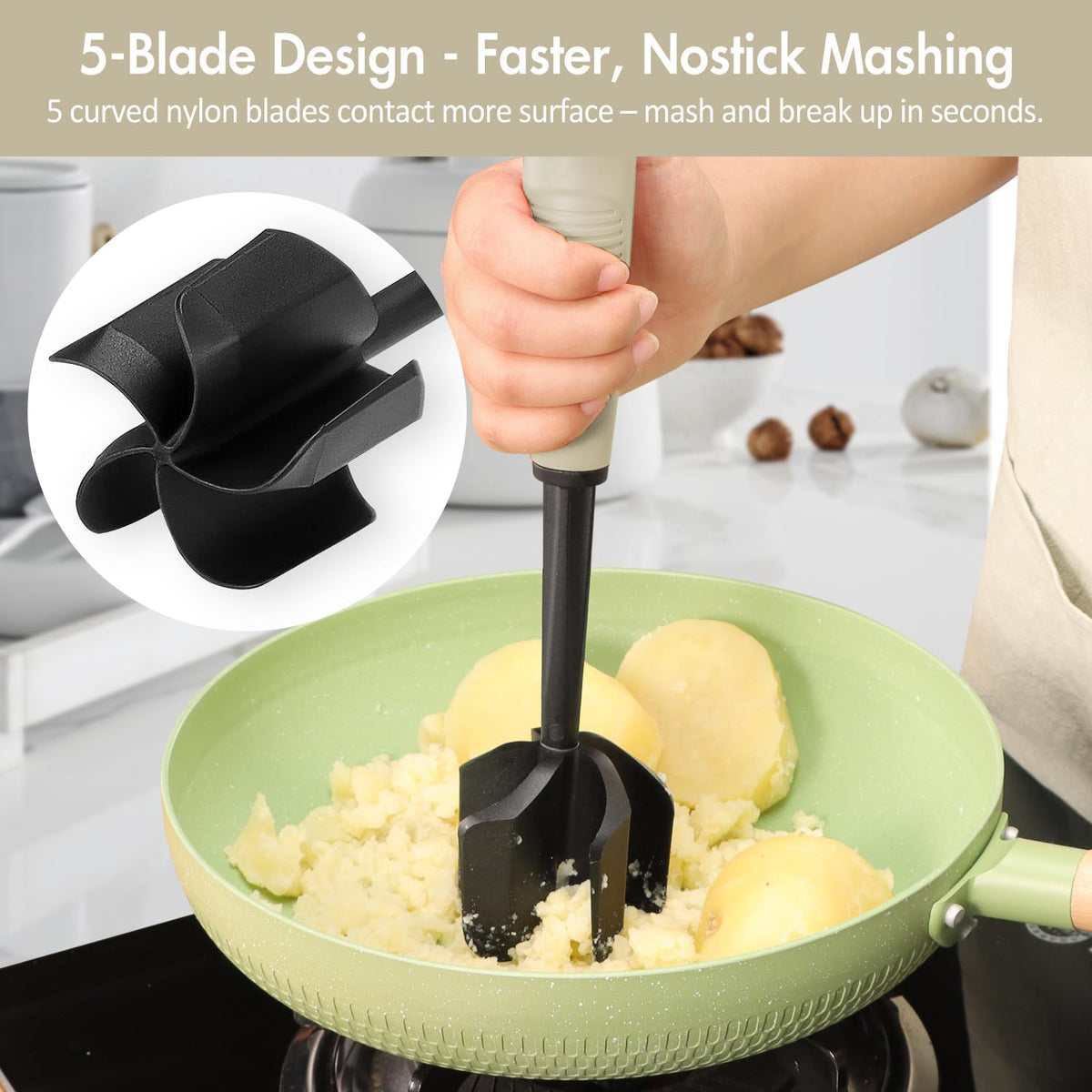 Ourokhome Meat Chopper and Potato Masher, Heat Resistant Nylon Ground Beef Smasher for Hamburger, 5 Curved Blades Nonstick Safe Mixer & Stirrer, Practical Kitchen Gadgets, Mint