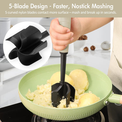 Ourokhome Meat Chopper and Potato Masher, Heat Resistant Nylon Ground Beef Smasher for Hamburger, 5 Curved Blades Nonstick Safe Mixer & Stirrer, Practical Kitchen Gadgets, Mint