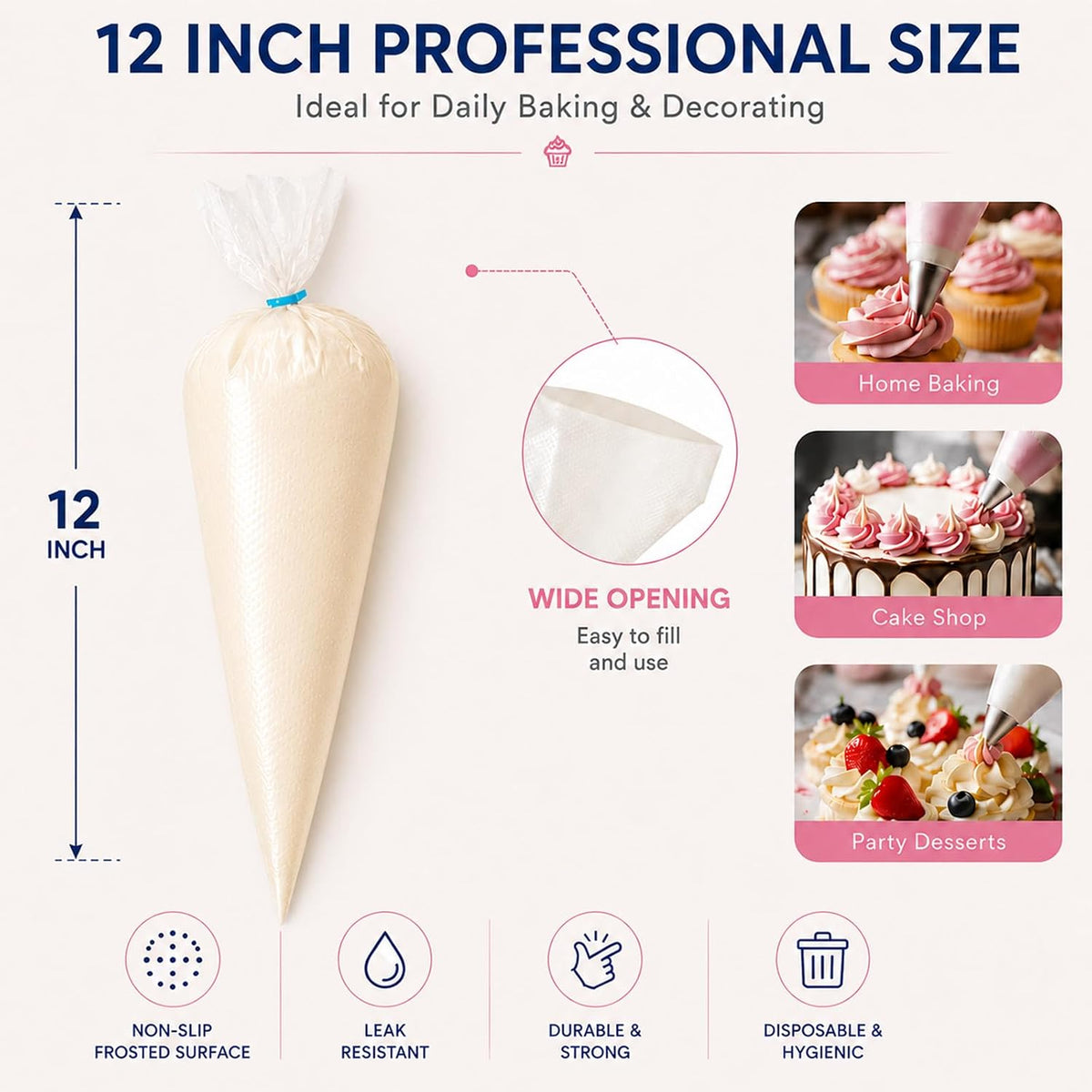 Disposable Piping Bags 12 Inch, Tipless Icing Piping Bags Non-Slip Anti Burst Disposable Pastry Bags for Cream Frosting, Cakes, Chocolate, Cupcakes and Cookies Decoration Supplies