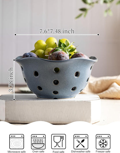 Gomakren Berry Bowls with Holes Ceramic, Berry Washing Bowl Basket Set of 2, 5.8 Inch Round Fruit Bowl Storage Containers, Strawberry Baskets, Farmhouse Kitchen Decor, Yellow + Brown