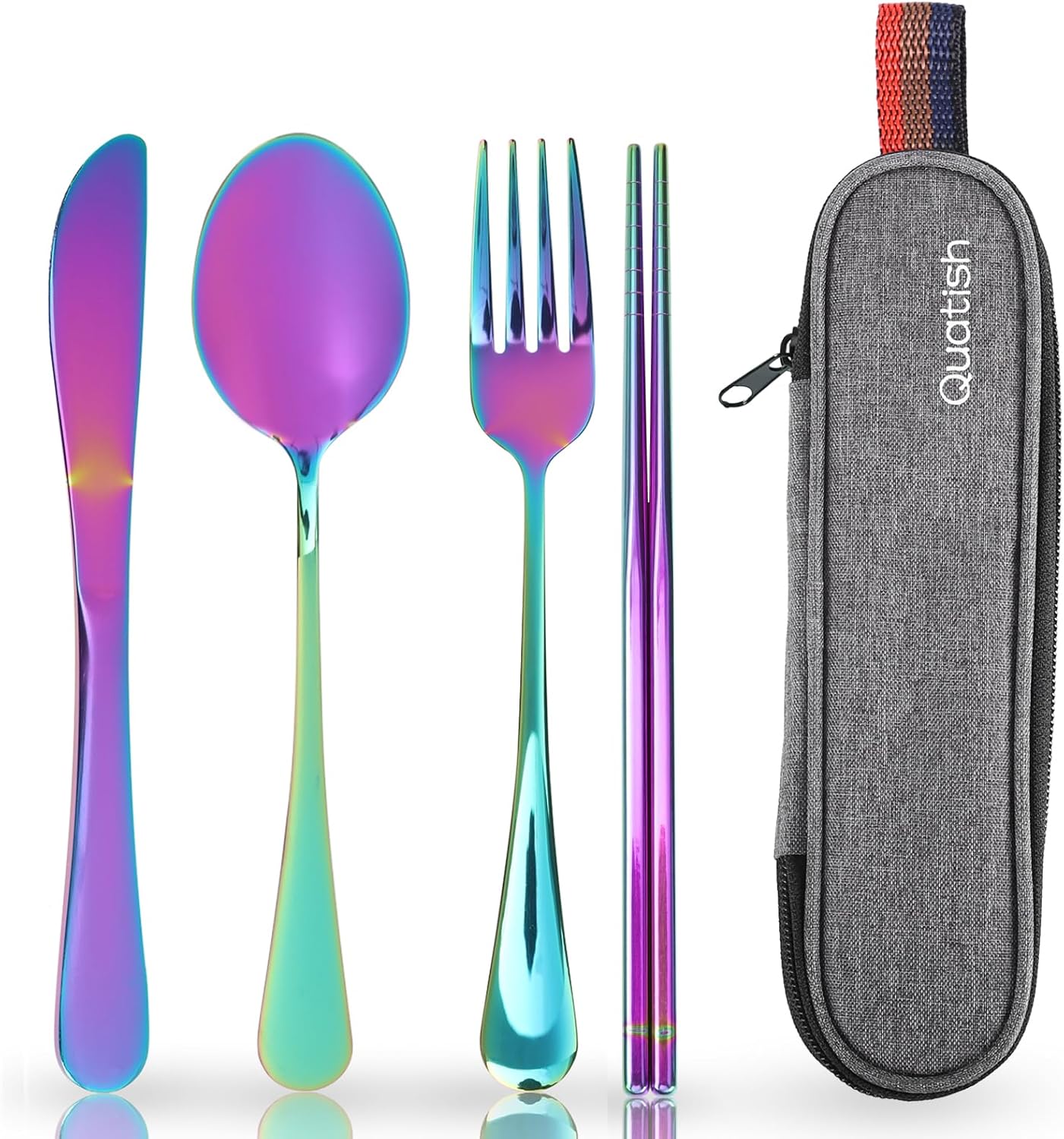 Travel Utensils with Case, Quatish Portable Silverware Set for Work, Stainless Steel Reusable Travel Cutlery Set, Fork and Spoon Set for Camping, EDC Gadgets, Lunch Box for Men, Purple
