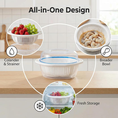 Large Batter Bowl with Lid and Tong, Mess-Free Shaker for Chicken Pork Fish Shrimp, 3-in-1 Colander Strainer and Food Storage Container for Kitchen