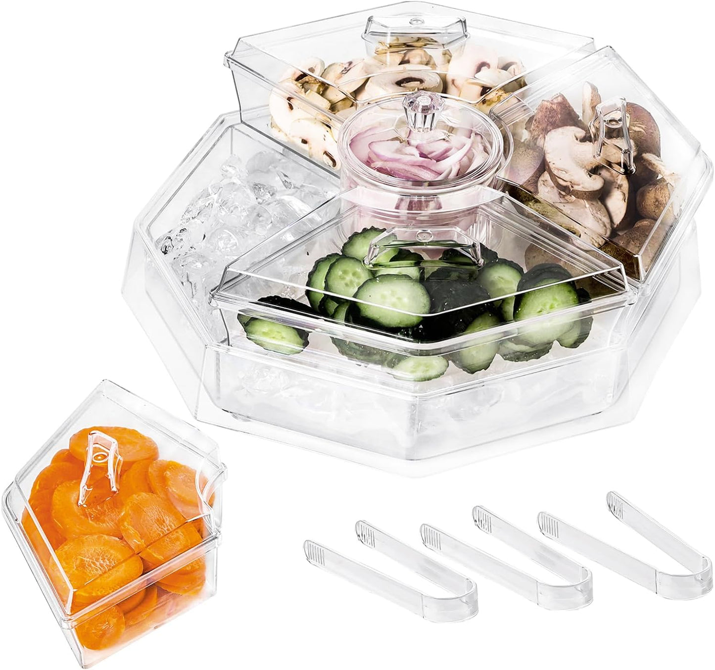 IVYHOME Chilled Condiment Server, Fruit Ice Serving Platter for Parties, Condiment Pots, Taco Bar Serving Set, Chilled Food Containers (Octagonal)