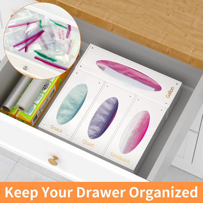 FEMELI Food Bag Storage Organizer, Acrylic Kitchen Drawer Baggie Box, Compatible with Gallon, Slider Quart, Freezer, Sandwich, Snack, Variety Size Bags, 4 separate Pack(Clear)