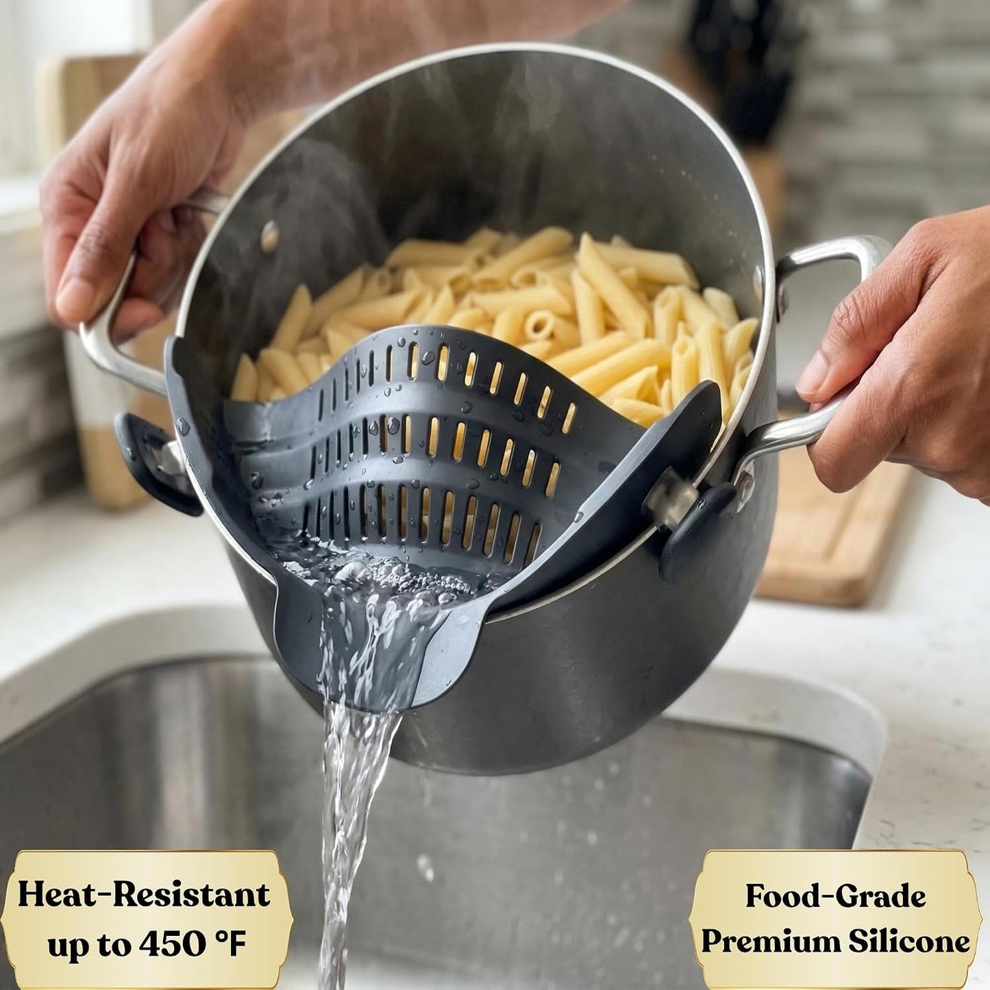 Clip On Strainer Silicone for Pots and Pans, Universal Fit Pasta Strainer and Pot Colander, Space Saving Food Drainer with Collapsible Funnel and Garlic Peeler, 3 Pcs Set, Gray