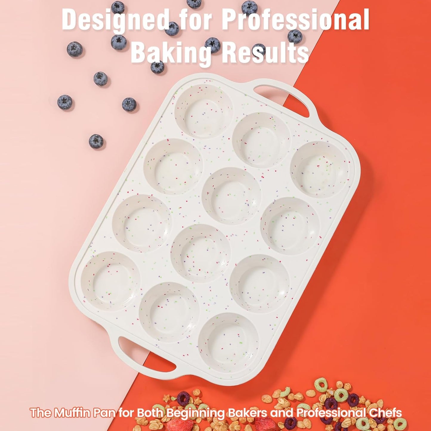 Silicone Muffin Pans With Metal Reinforced Frame - 24 Cups Durable Silicone Baking Pan for Muffins, Cupcakes, BPA Free and Dishwasher Safe - Beige with Rainbow Spots, Set of 2