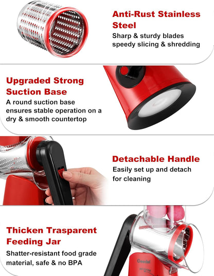 Geedel Rotary Cheese Grater, Kitchen Mandoline Vegetable Slicer with 3 Interchangeable Blades, Easy to Clean Rotary Grater Slicer for Cheese, Vegetables, Nuts