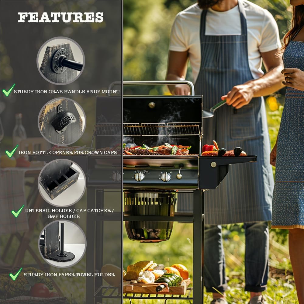 Wooden Grill Caddy Organizer - Versatile BBQ Caddy for Outdoor grill - Portable rustic wood condiment and paper towel holder with bottle opener for picnic and grilling