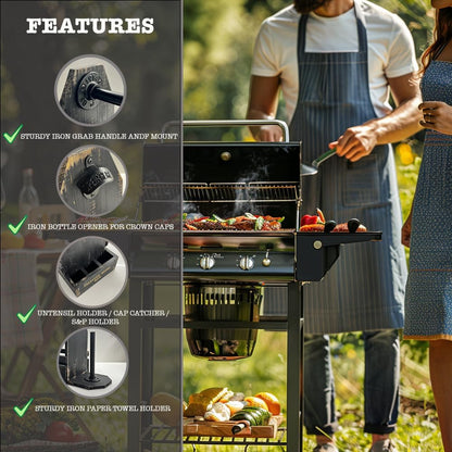 Wooden Grill Caddy Organizer - Versatile BBQ Caddy for Outdoor grill - Portable rustic wood condiment and paper towel holder with bottle opener for picnic and grilling