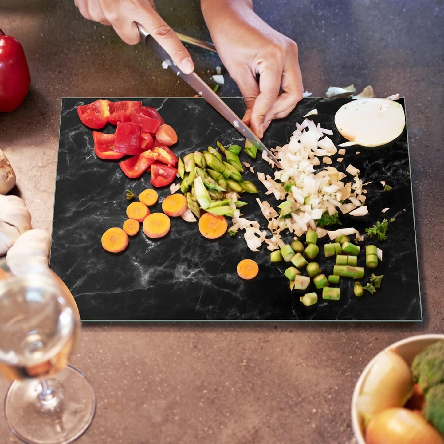 JAMBALAY Tempered Glass Cutting Boards for Kitchen, Gold 12"x8" & 16"x12" Glass Cutting Board Set with Marble Design, With Non Slip Foot, Shatter and Heat Resistant, Dishwasher Safe