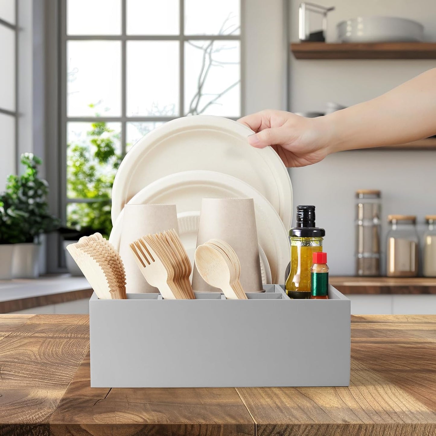 Acacia Wood Utensil Holder for Party, 6-Compartment Paper Plate and Silverware Organizer with Handles, Rustic Utensil Caddy for Parties, Outdoor Gatherings, and Kitchen Countertop Organization