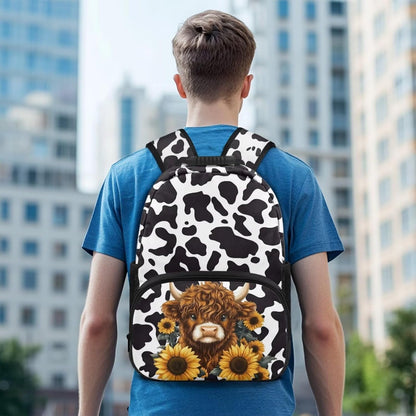 Highland Cow Backpack with Lunch Box Set for Kids Sunflower School Backpack for Girls Boys Back to School Bag Student Travel Backpacks Reusable Utensils Pen Case Water Bottle Bag 5PCS