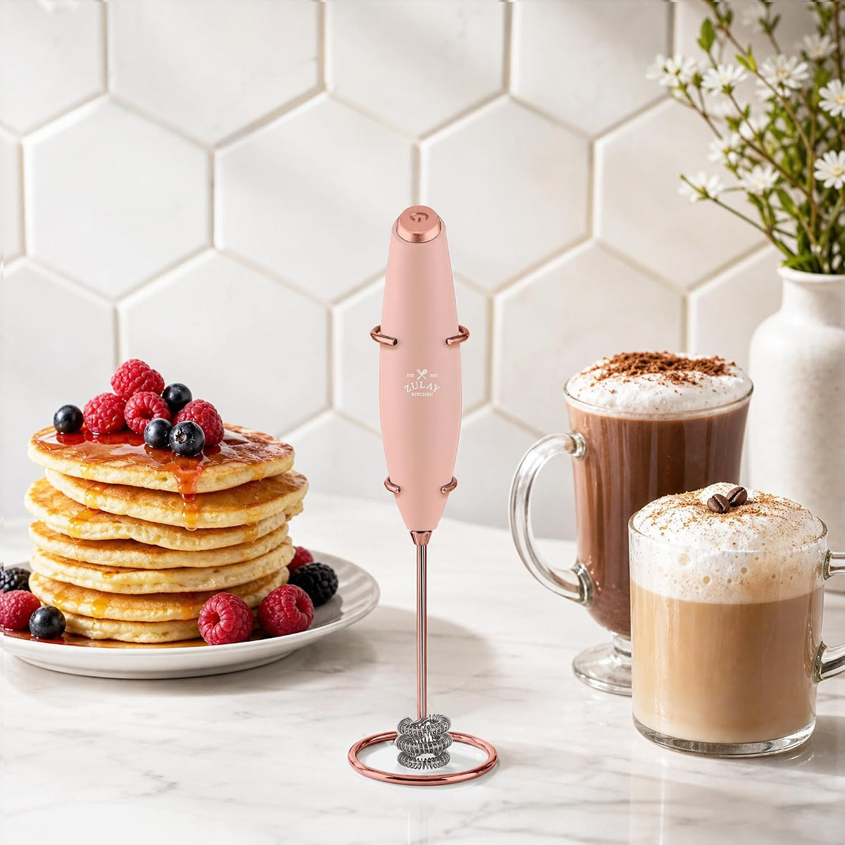 Zulay Kitchen Rechargeable Milk Frother Handheld - Frother Wand, Drink Mixer, Electric Whisk Frother, for Cappuccinos, Matcha & Protein Powder - Dynamic 3 Whisk, 3 Speed 500mAh Black - Colors D