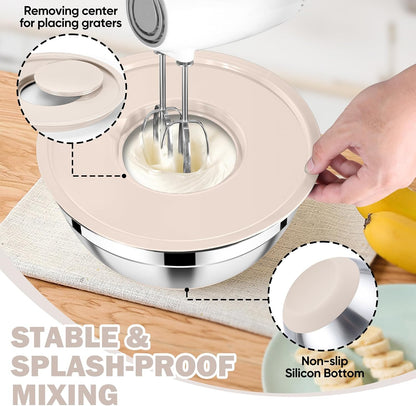 E-far 25PCS Mixing Bowls with Lid Set, Stainless Steel Nesting Prep Bowls with Grater Attachments Non-Slip Bottoms for Cooking, Serving, Food Storage, 4.6/2.6/2/1.5/1/0.7QT - Khaki