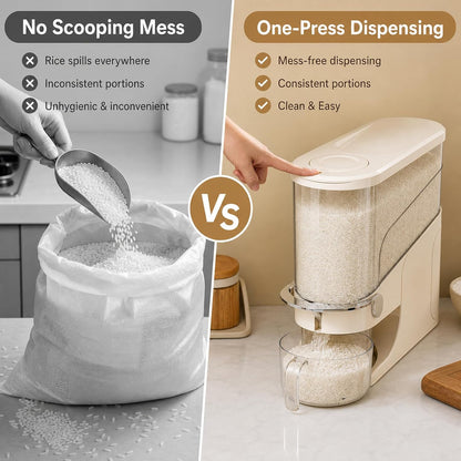 Rice Dispenser 11 Lb, Slim Rice Storage Container with Double Sealing Strip, Press to Dispense Cereal Container Airtight for Kitchen Pantry Organization, (Ivory White-11lb)
