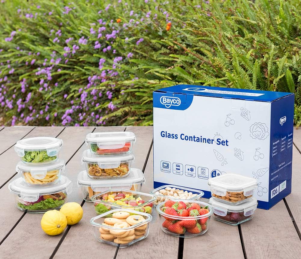 Bayco Glass Food Storage Containers with Lids, [24 Piece] Meal Prep, Airtight Bento Boxes, Leak Proof (12 lids & 12 Containers) - Blue