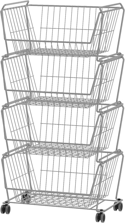 PUSDON 4-Tier Spacious Stackable Wire Storage Baskets with Wheels, Metal Rolling Utility Cart Organizer, Fruit and Vegetable Produce Basket for Kitchen Pantry, Everyday Bathroom Shelf, Silver Grey
