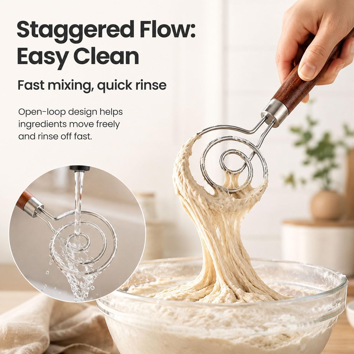 Danish Dough Whisk, 304 Stainless Steel Hook Bread Mixer for Sourdough