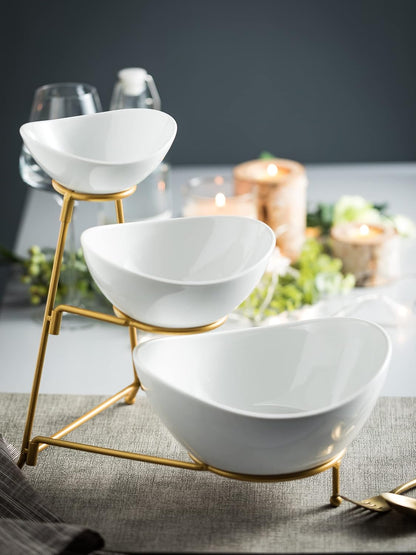Miamolo Porcelain Serving Bowl Set for Appetizer Serving Dishes Set with 2 Compartment, Chip and Dip Taco Rack Display Salad Bar Serving Set, Gold Stand
