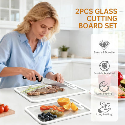 2Pcs White Glass Cutting Board for Kitchen, Tempered Glass Chopping Board with Non-Slip Edges, Dishwasher Safe Clear Cutting Board Set, Heat & Shatter Resistant,15"×11" & 13"×9"