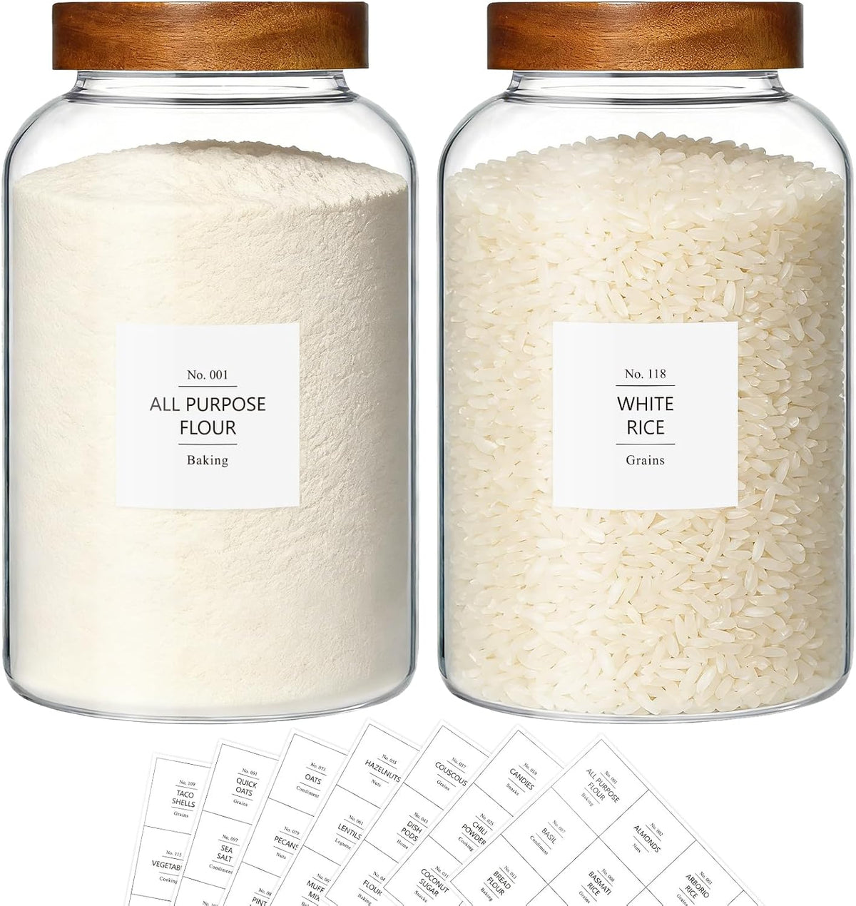 KEYWING 88oz Large Glass Jars with Airtight Acacia Wood Lids, Set of 3 Food Storage Containers for Flour, Sugar, Rice, Pasta, Cereal, Cookies – Includes 126 Labels