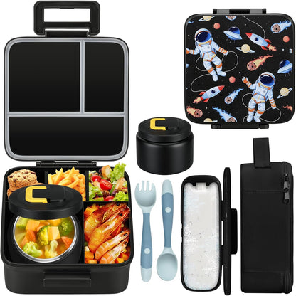 MAISON HUIS Bento Lunch Box with 8oz Soup Thermo and Insulated Lunch Bag, Kids Leakproof Lunch Food Containers with 5 Compartment, Boys Girls Thermo Hot Food Jar for Travel, School, BPA Free (Black)