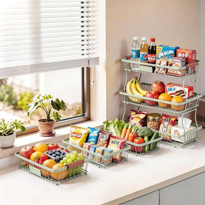 2-Tier Stackable Wire Basket with 2 Banana Hooks, Pantry Organizer for Kitchen Countertops, Cabinets & Under-Sink Spaces; Ideal for Storing Snacks, Fruits, Veggies, Onions, Potatoes, & More,Black