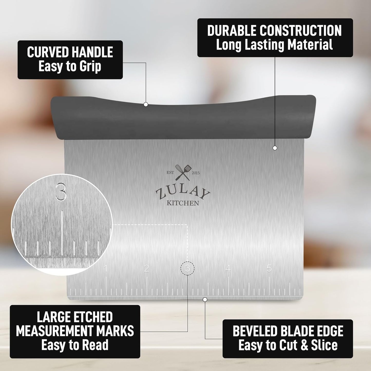 Zulay Premium Multi-purpose Stainless Steel Bench Scraper & Chopper, Easy to Read Etched Markings for Perfect Cuts, Quick & Easy Multi-use Dough Scraper, Dough Cutter & Pastry Scraper (Black)