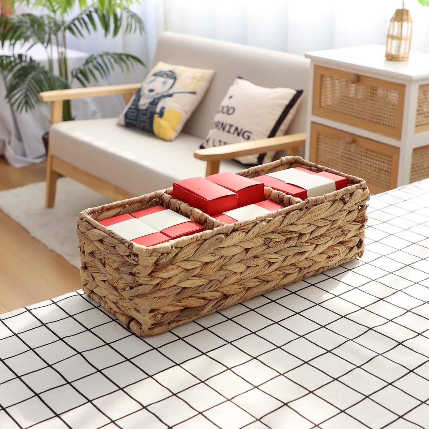 YAHUAN Woven Water Hyacinth Storage Basket Divided Basket with 3-Section Wicker Baskets for Shelves,Handwoven Desk Baskets for Pantry, Coffee Bar, Shelves (Water Hyacinth)