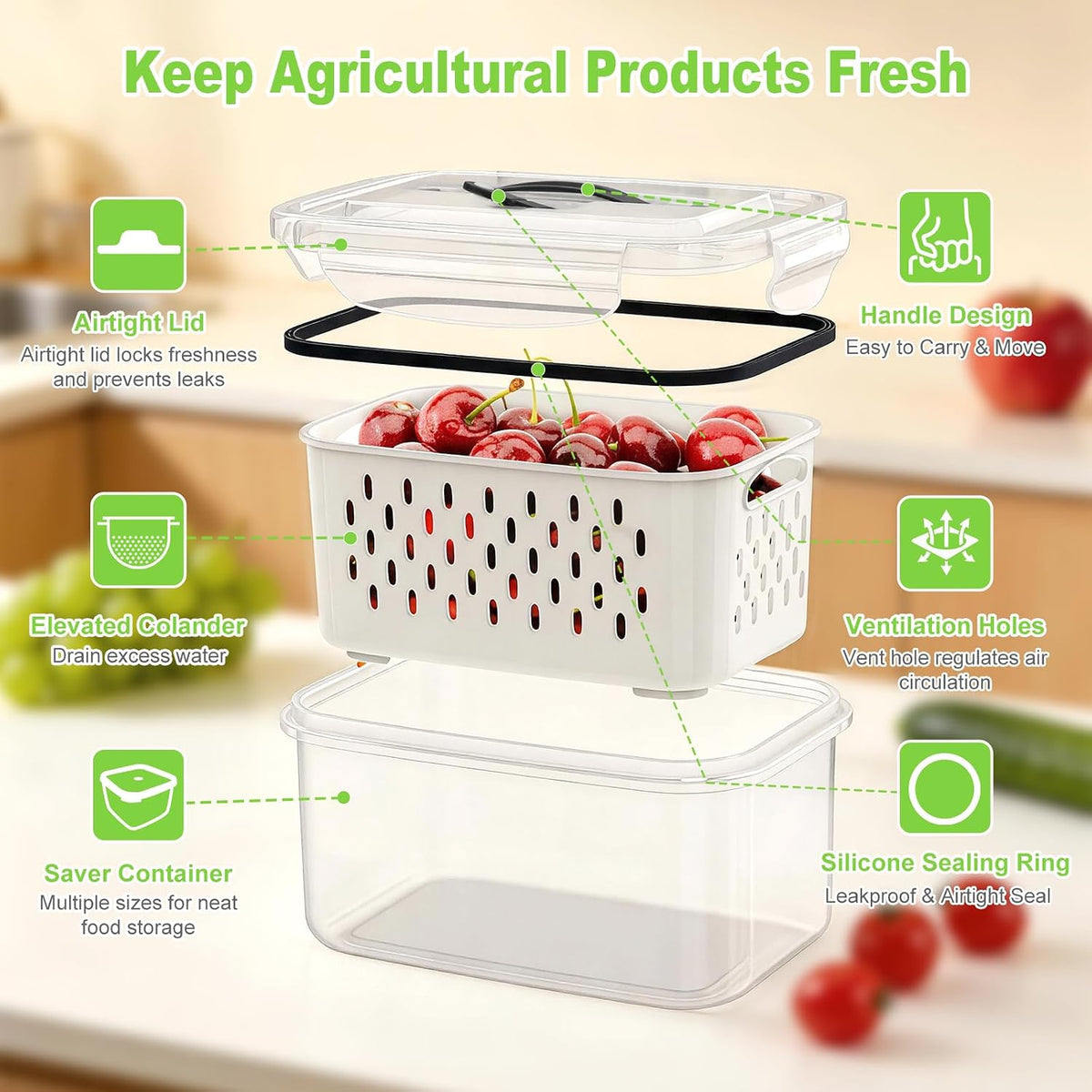 12 Pieces Fruit Storage Containers For Fridge with Removable Colanders