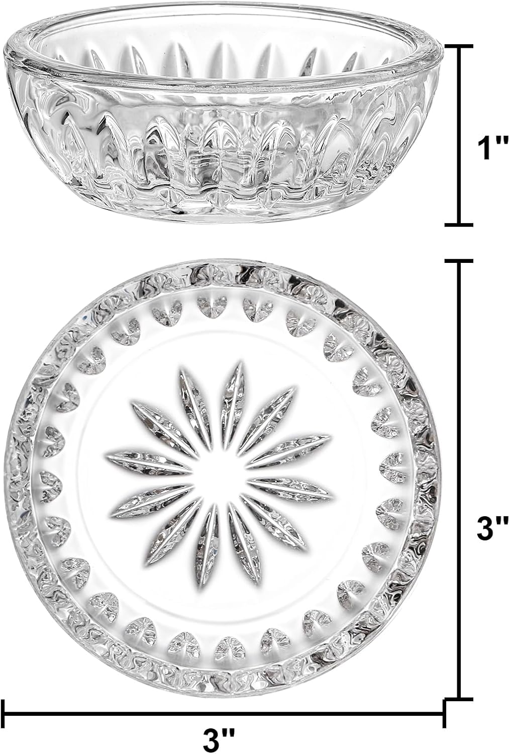 ZEAYEA Set of 8 Glass Dipping Sauce Cup, 2 oz Stackable Mini Glass Pinch Bowls for Spices, Condiments, Snack, Clear Floral Relief Design Small Prep Bowls for Kitchen, Party, Gift, Dishwasher Safe