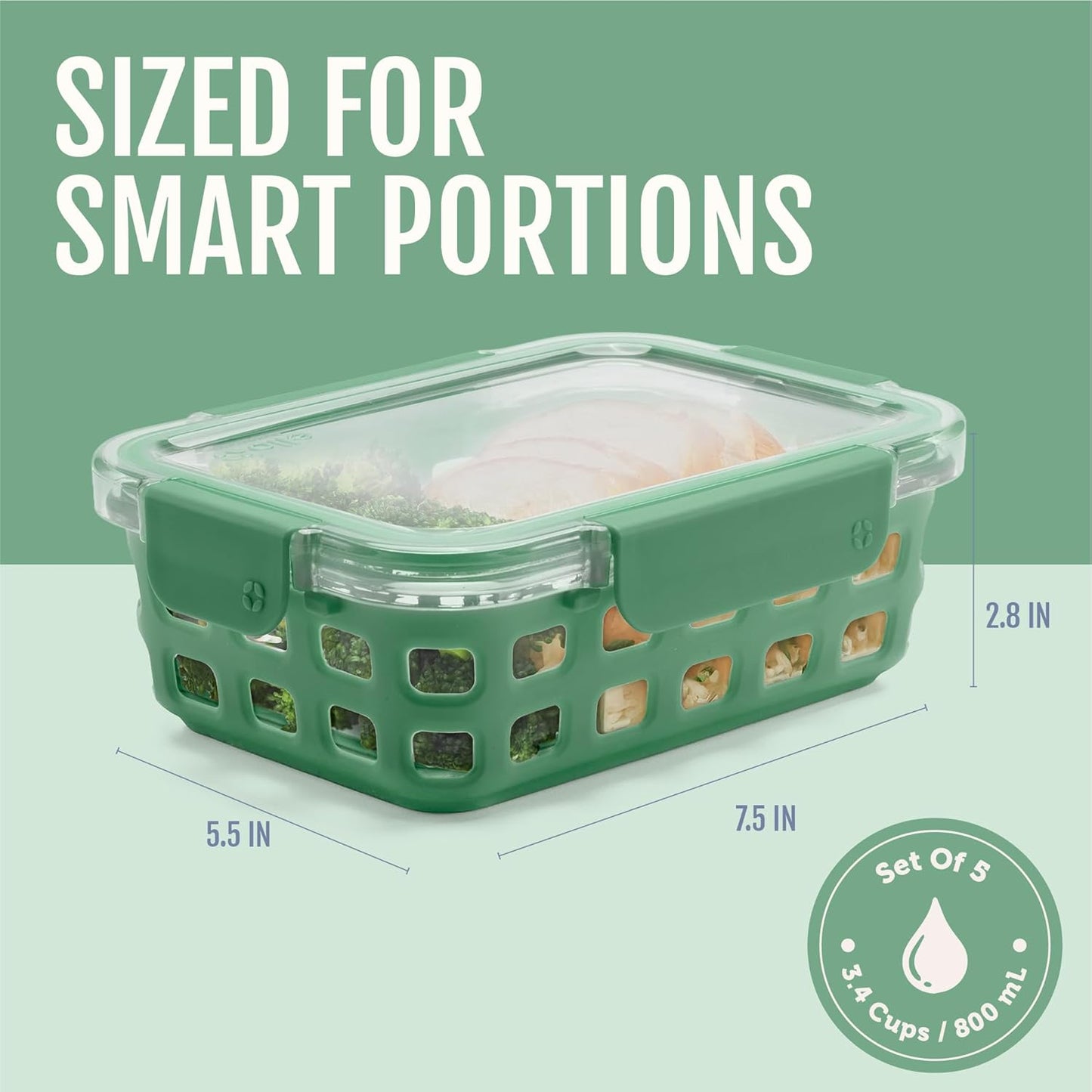 Ello Duraglass 3.4 Cup Meal Prep Sets 10Pc, 5 Pack Set- Glass Food Storage Container with Silicone Sleeve and Airtight BPA-Free Plastic Lids, Dishwasher, Microwave, and Freezer Safe, Olive Tree