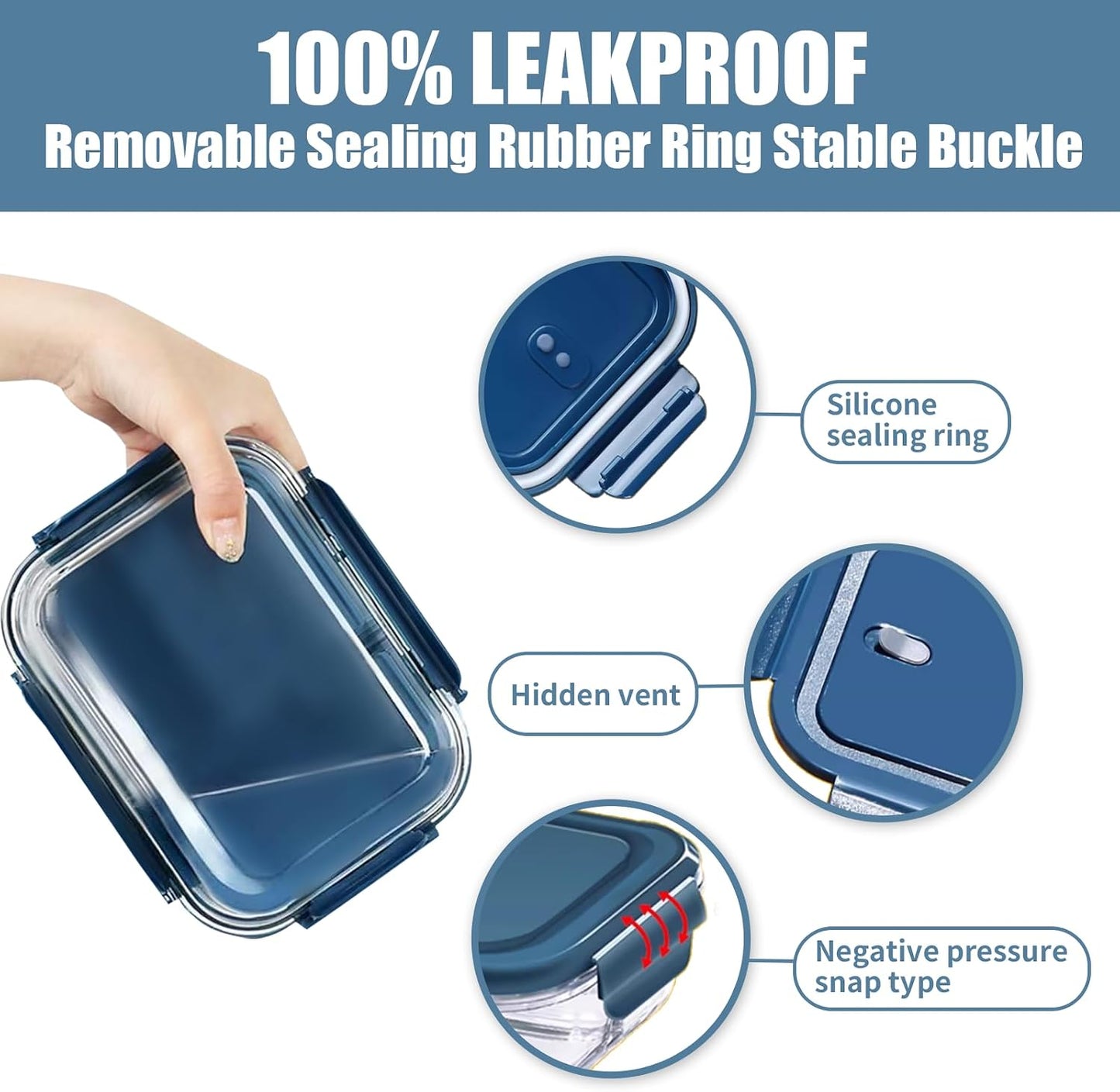 Glass Meal Prep Containers 5 Pack,Three Sizes Airtight Glass Lunch Containers, Glass Food Storage Containers with Lids, for Microwave, Oven, Freezer & Dishwasher Friendly(Sea Blue)