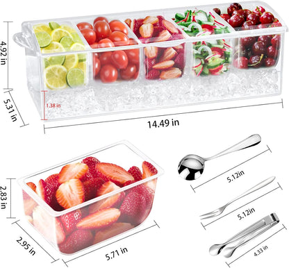 Condiment Tray with Stainless Steel 5 Spoons, 5 Forks and 1 Clip, Chilled Condiment Server, Condiment Server, Bar Garnish Holder on Ice, Bar Accessories Fruit and Salad with Removable Trays and Lid