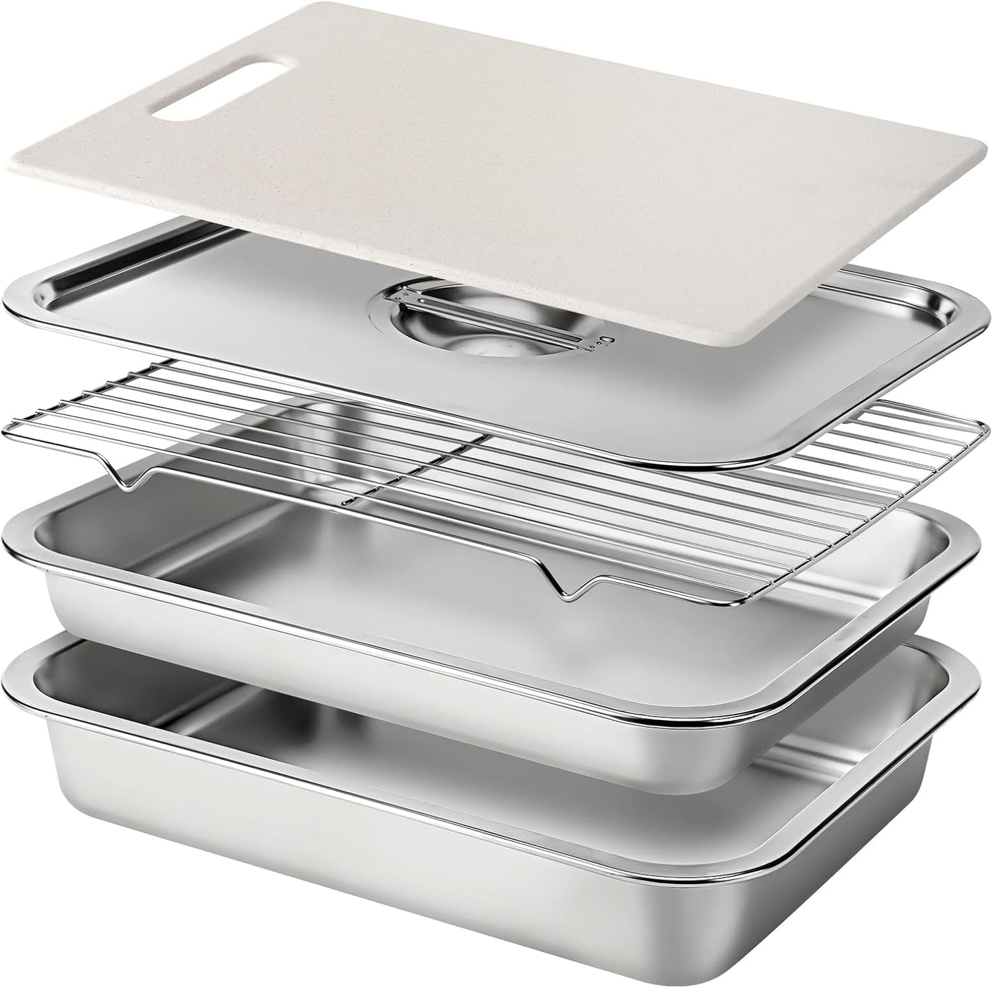 Stainless Steel BBQ Grilling Prep and Serve Tray Set, Food Preparation Container with Lid, Cutting Board, Wire Rack and Marinade Pan for Outdoor Cooking,Grill Gifts for Grill Lovers