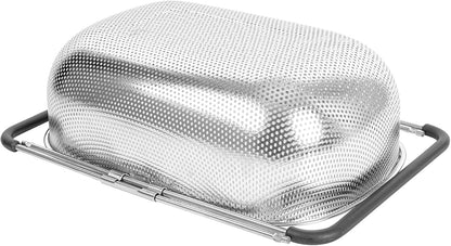 Restaurantware Colander 1 Count 5.5 qt Dishwasher-Safe Stainless Steel Coarse Mesh Colander with Over-The-Sink Expandable Handles Kitchen Strainer Basket for Pasta, Fruits, and Vegetables